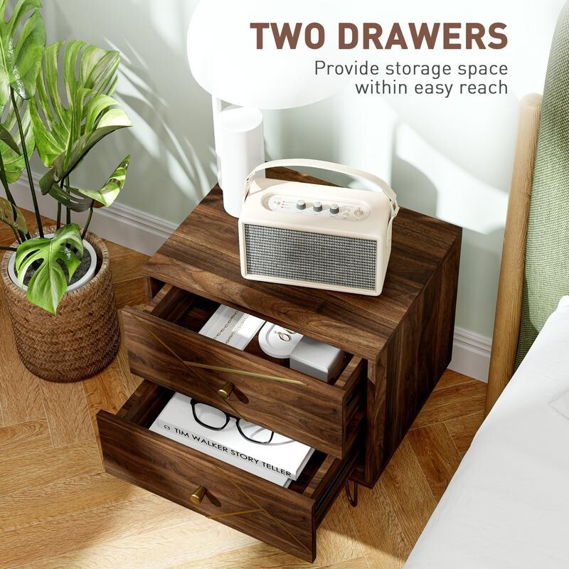 Set of 2 Bedside Tables Brown Wood Grain w/ Drawers & Hairpin Legs