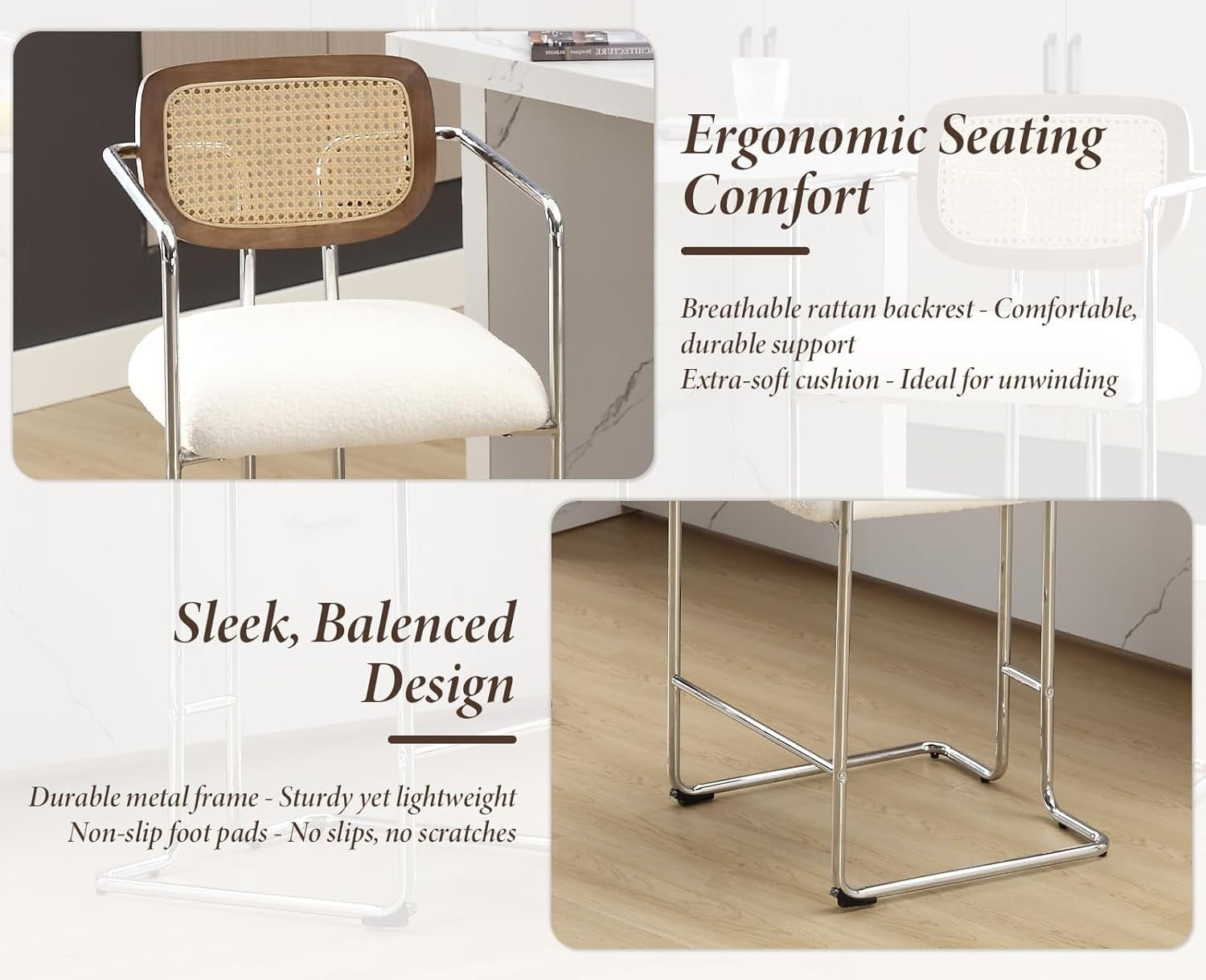 Bar Stools Set of 2 White Faux Fur Rattan Back Counter Chairs