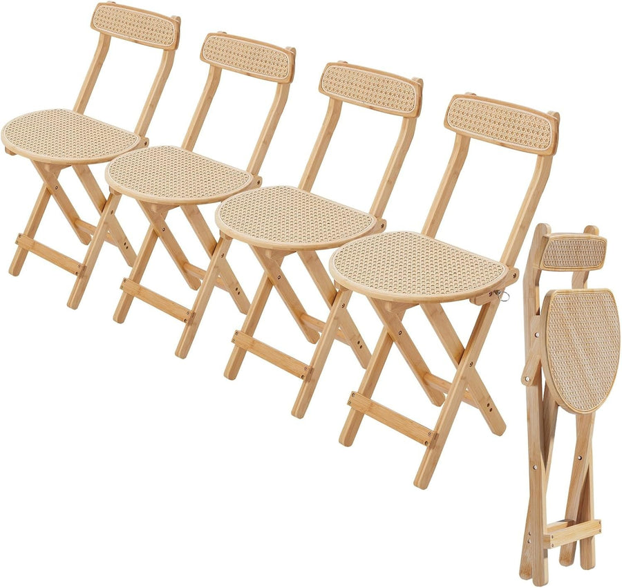 Set of 4 Folding Wooden Rattan Dining Chairs Space Saving Farmhouse Style