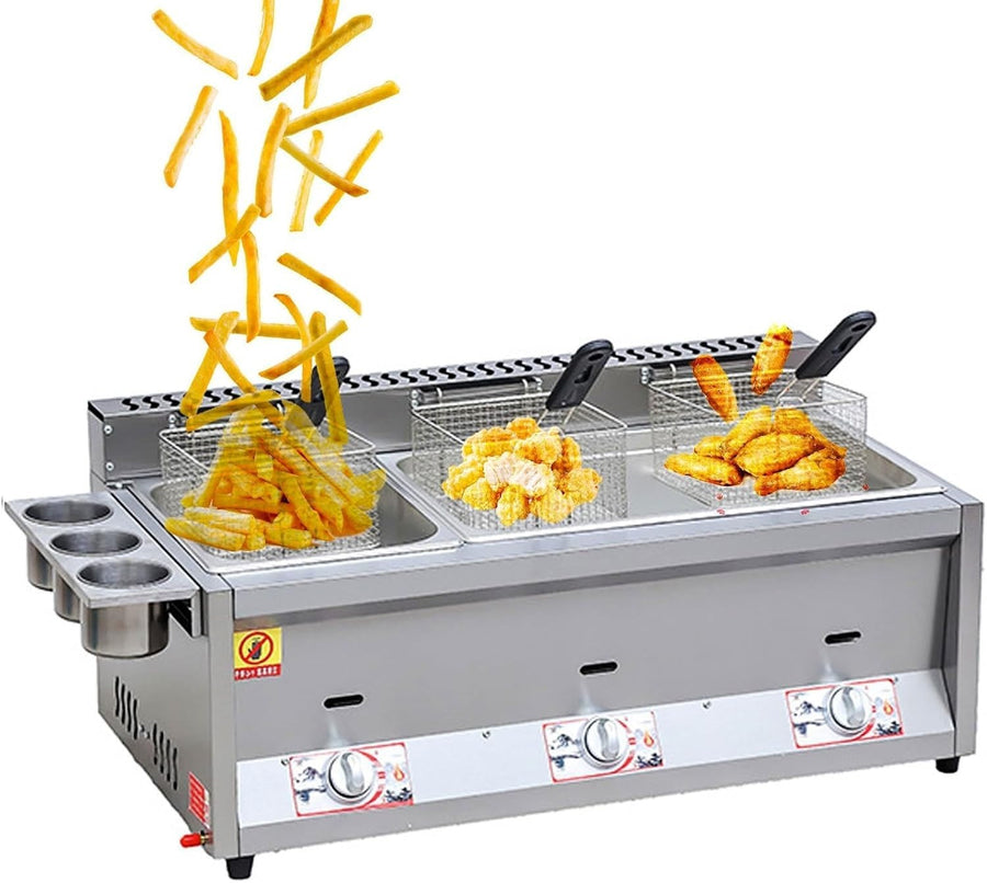 Triple Tank Gas Deep Fryer 18L Stainless Steel Commercial Double Basket