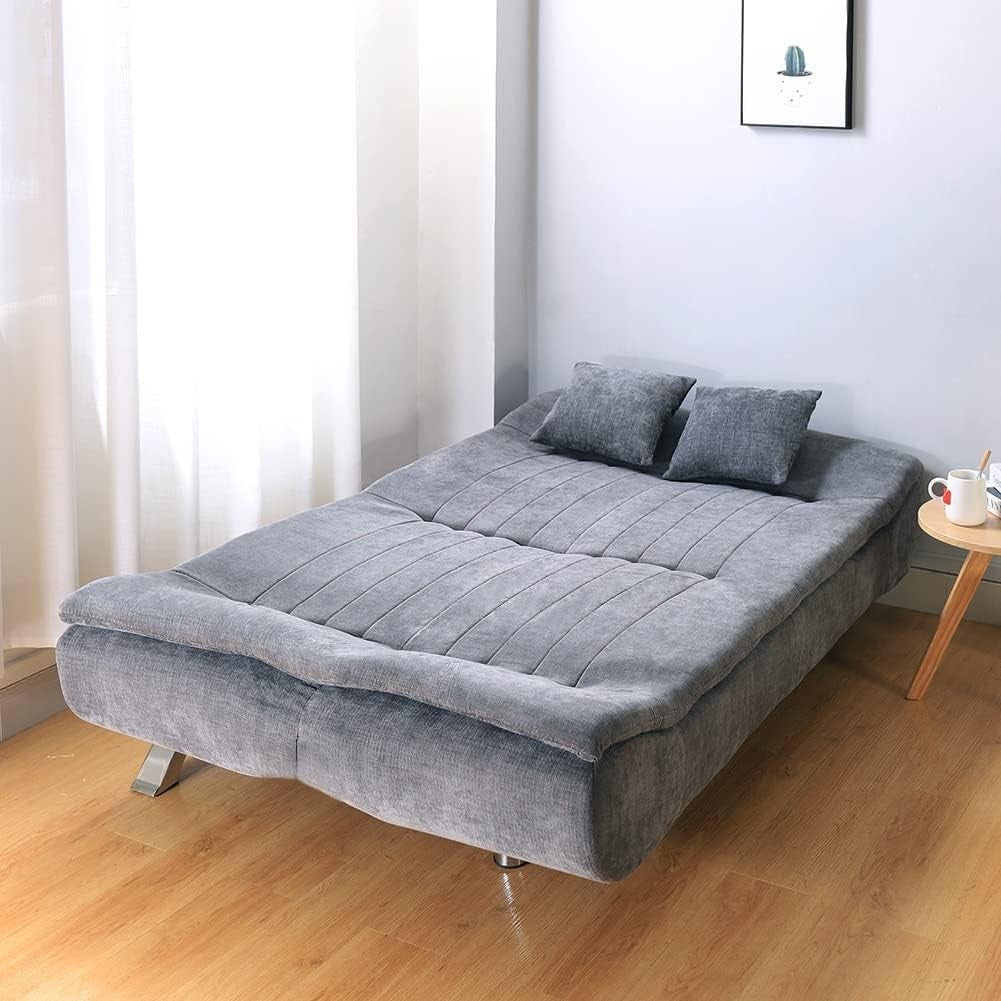 Luxury 3 Seater Sofa Bed Grey Linen Futon Couch w/ Pillows & Chrome Legs