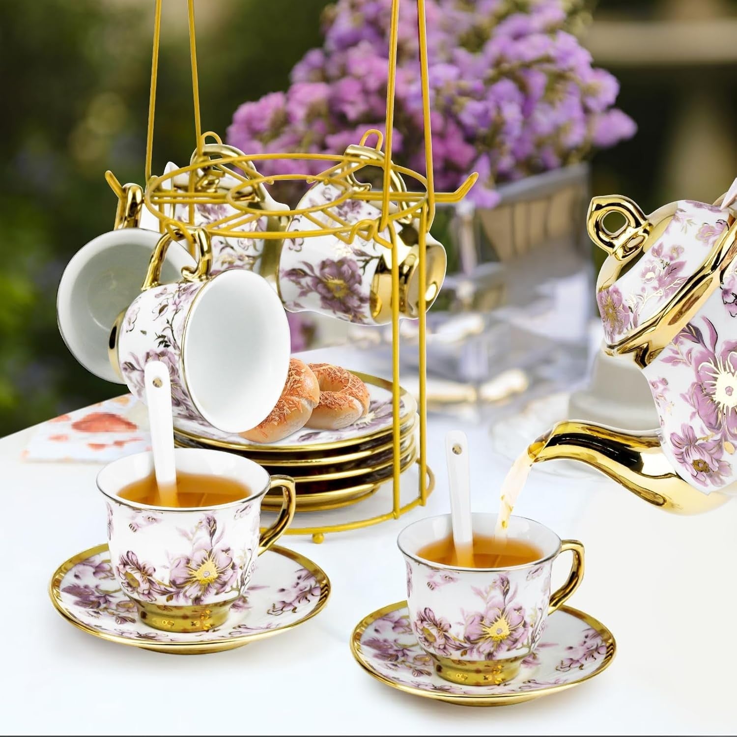 20Pc Purple Porcelain Tea Set Gold Floral Teapot Cups Saucers Stand