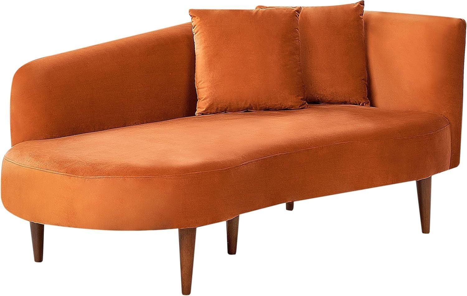 Right Hand Velvet Chaise Lounge Orange with Dark Wood Legs & Throw Pillows