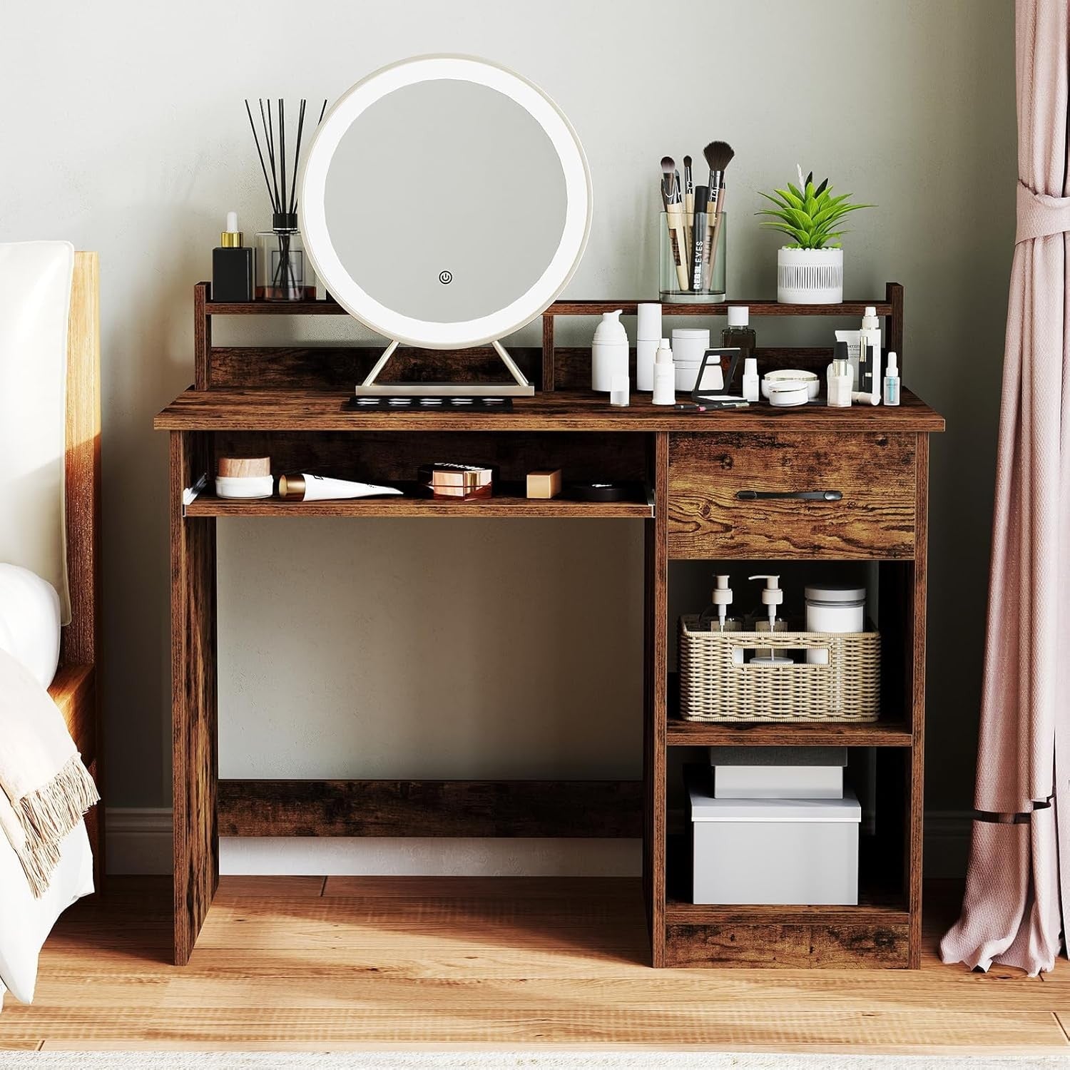 Rustic Brown Computer Desk with Storage Shelves Drawer Keyboard Tray
