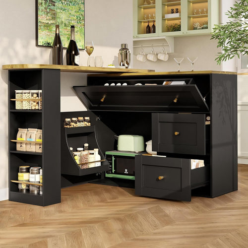 360° Rotating Kitchen Island Bar Table w/ Drawers & Storage – 204cm Black
