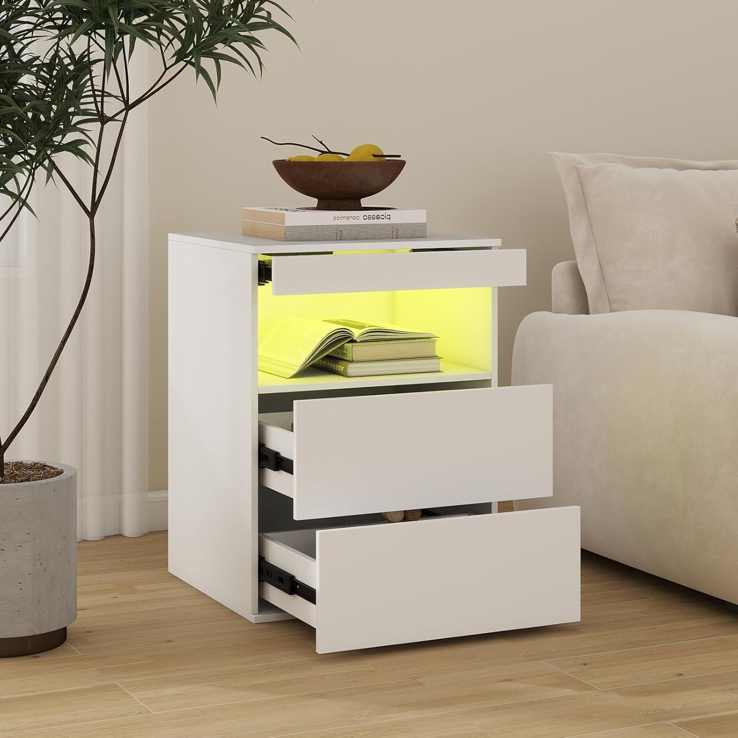 Modern White LED Bedside Table with Drawers & Charging Station Nightstand