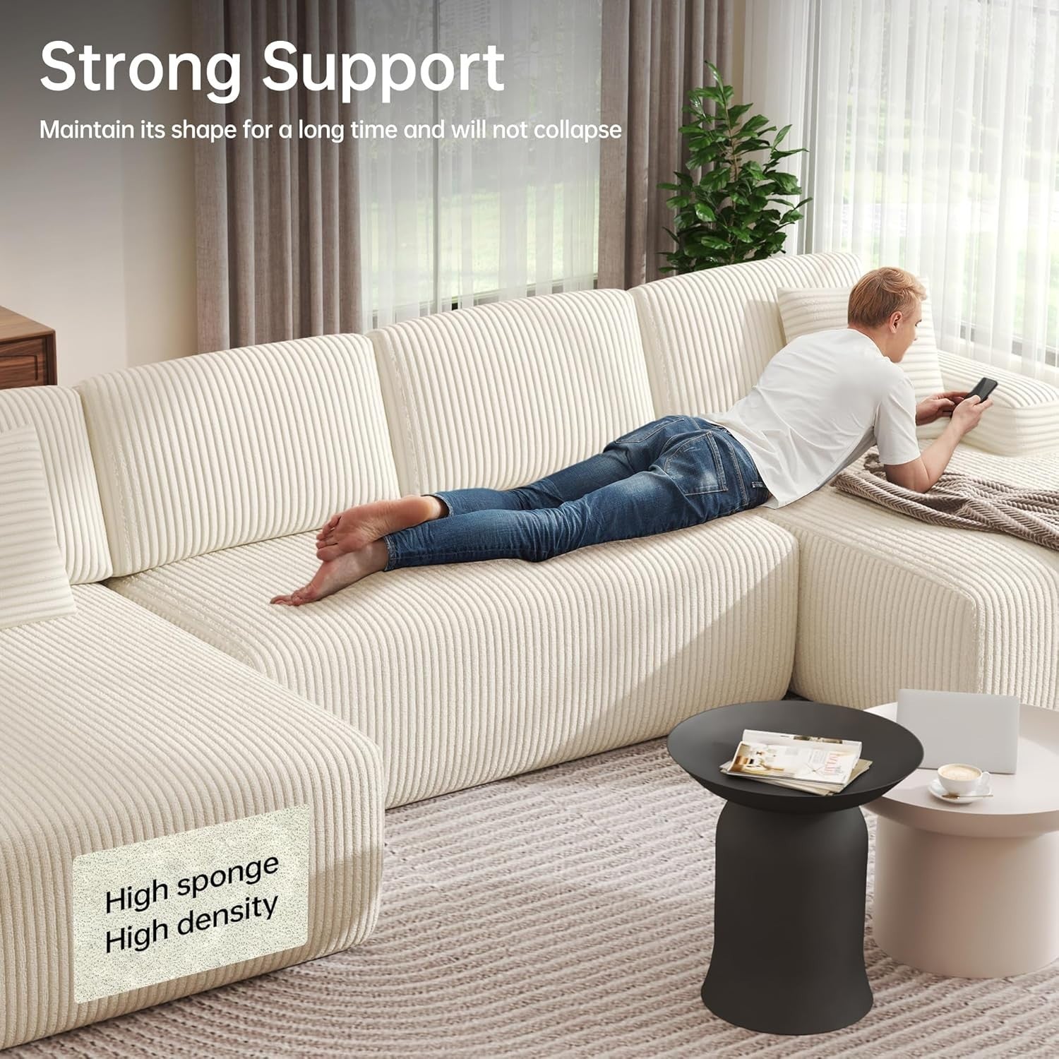 Modular U-Shaped Corduroy Sofa Bed with Memory Foam & Storage Pocket