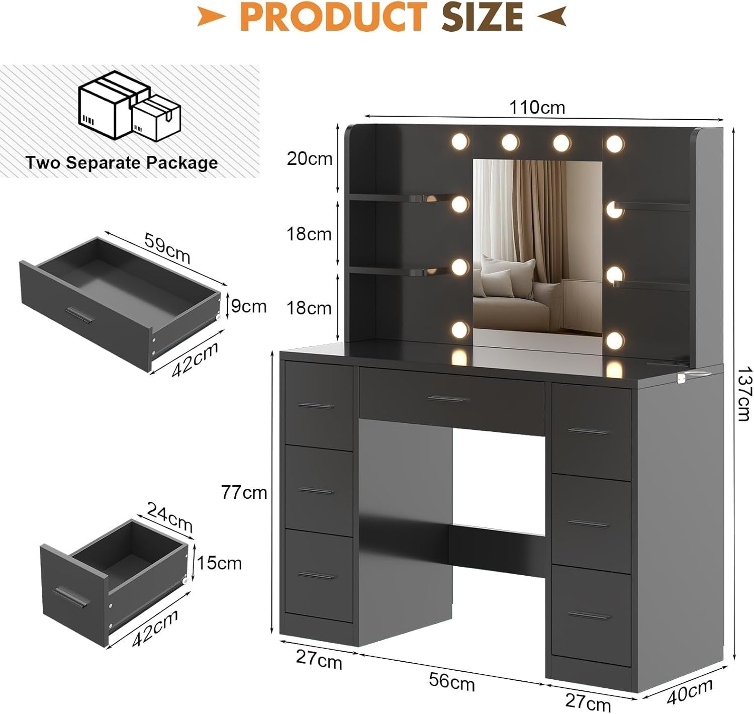 Black Modern Vanity Makeup Dressing Table Desk w/ Mirror LED Lights Power Outlet