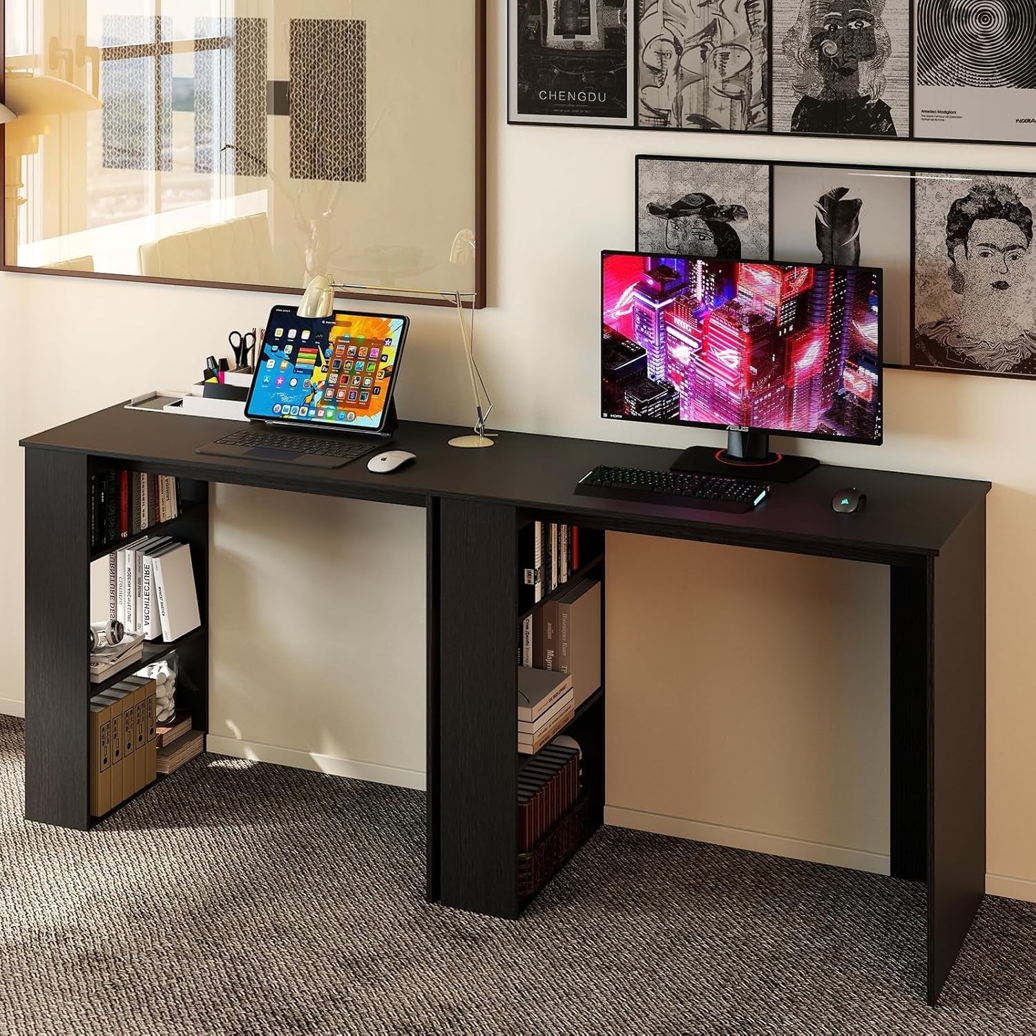 Compact Computer Desk with Bookshelf Small Space Home Office Laptop Table Black