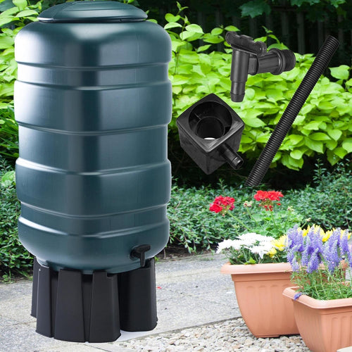 230L Garden Water Butt With Tap Stand & Diverter Round Barrel Green/Blue