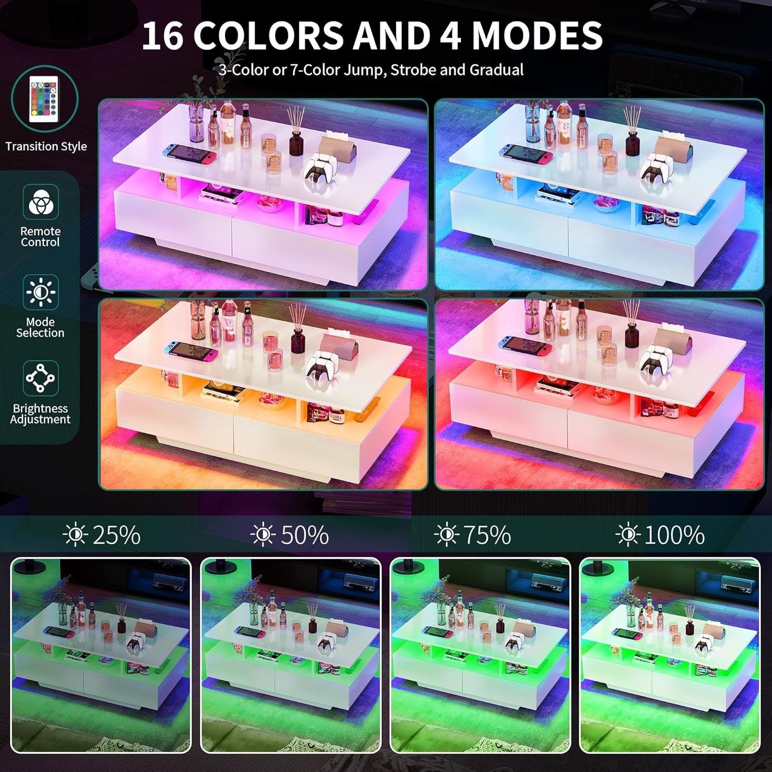 LED Coffee Table with Storage Drawers White Gloss 16-Color Light Modern