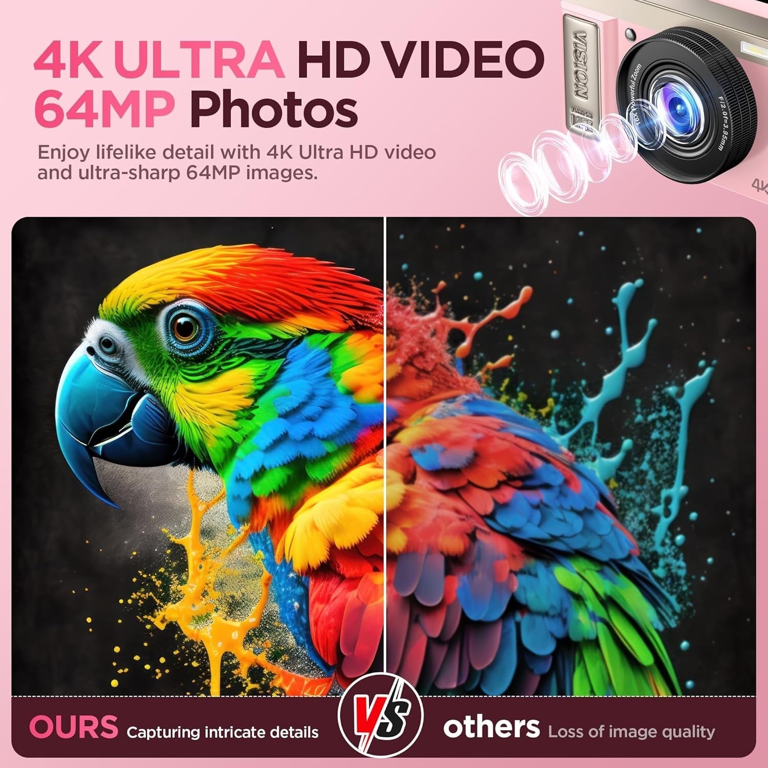 Pink 4K 64MP Vlogging Camera Flip Screen 16X Zoom Compact Camera