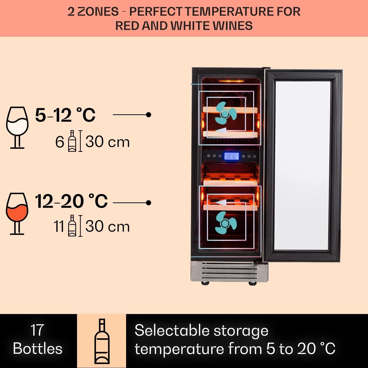 Dual Zone Wine Cooler Fridge 17 Bottle Glass Door Touch Control LED Black