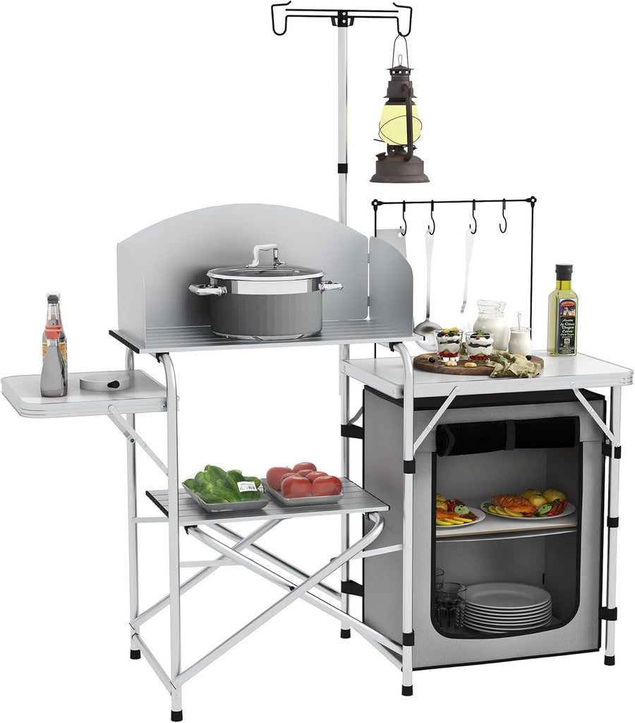 Folding Camping Kitchen Table with Windshield Cupboard Sink BBQ Light