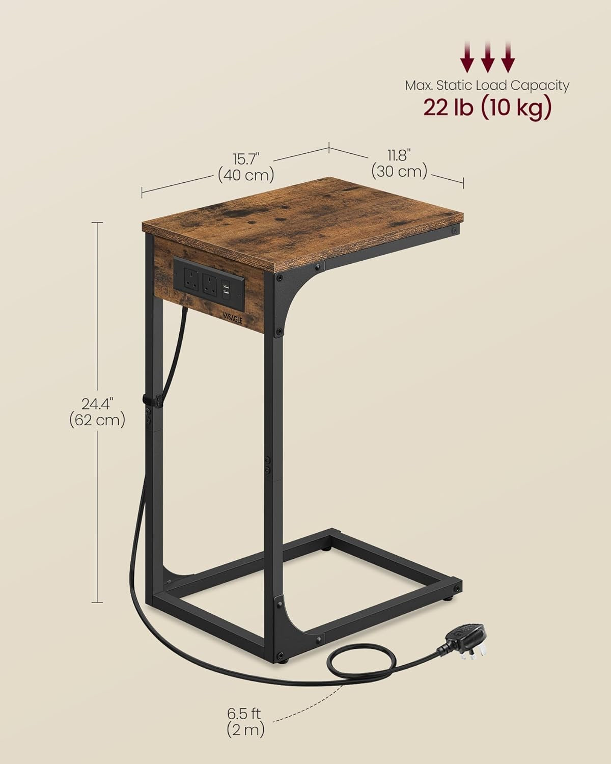 C-Shaped Side Table with Charging Station, Adjustable Feet, Rustic Brown