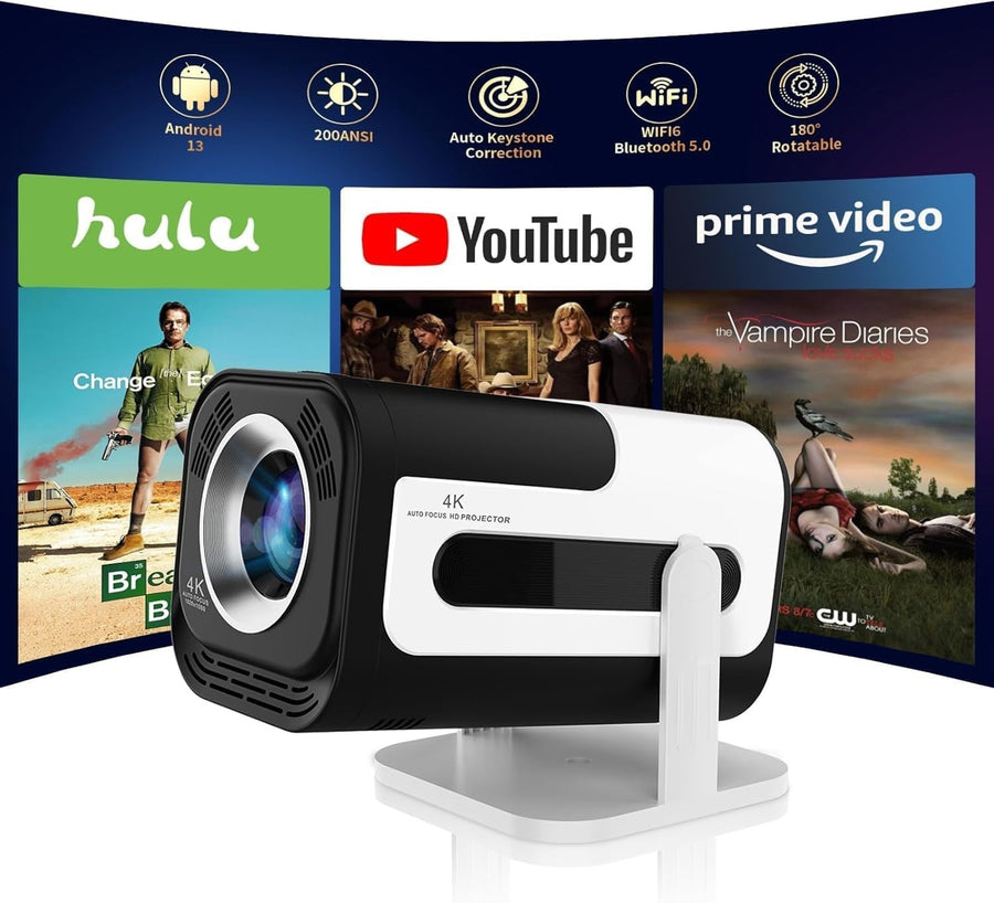Mini Smart Projector 4K 1080P WiFi 6 Bluetooth 180° Auto Keystone