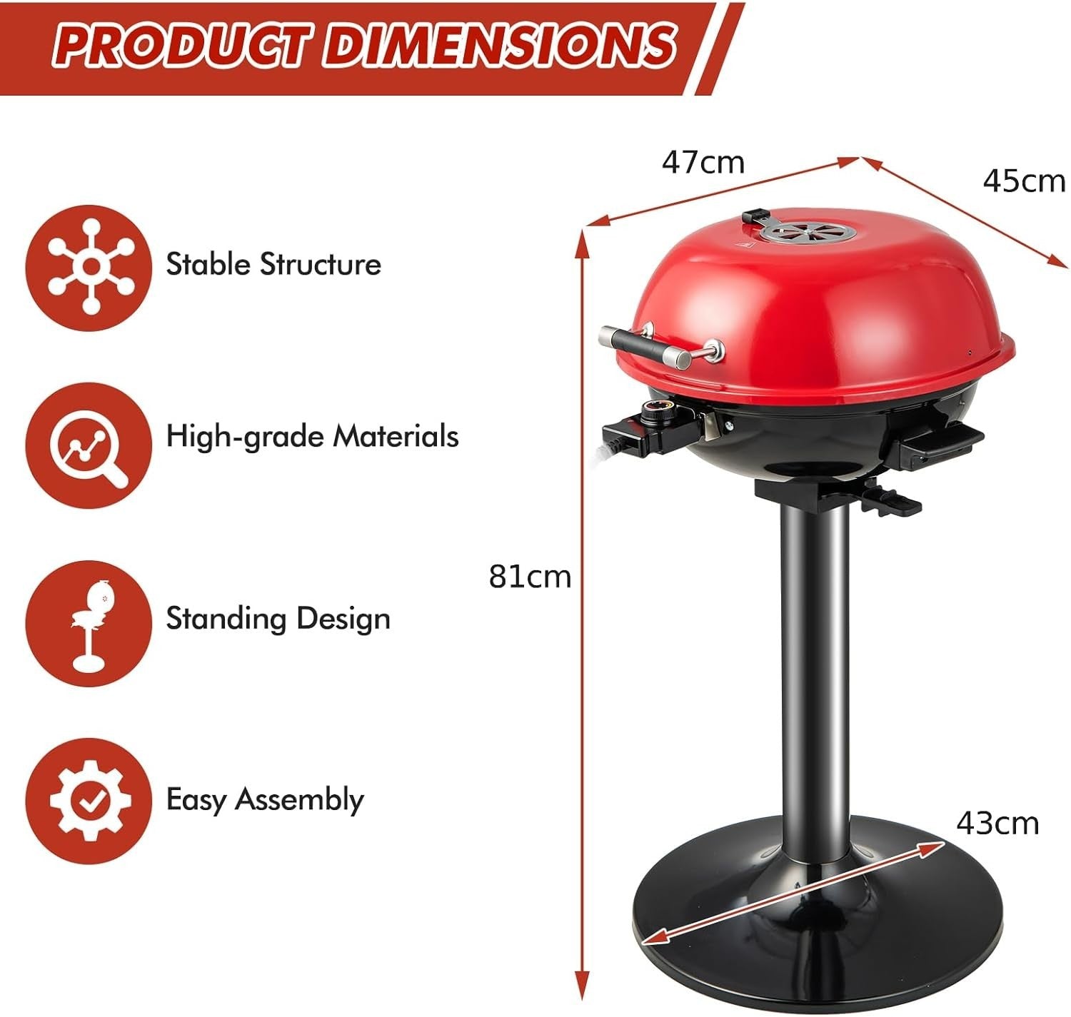 Portable Electric BBQ Grill 1600W with Stand & Lid | Adjustable Temp