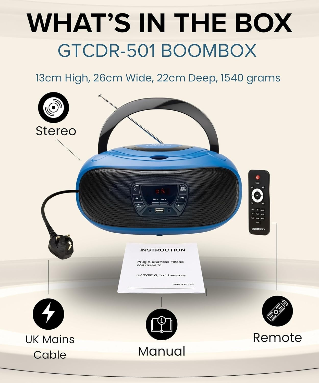 Portable Boombox CD Player FM Radio USB AUX Stereo Speakers Blue