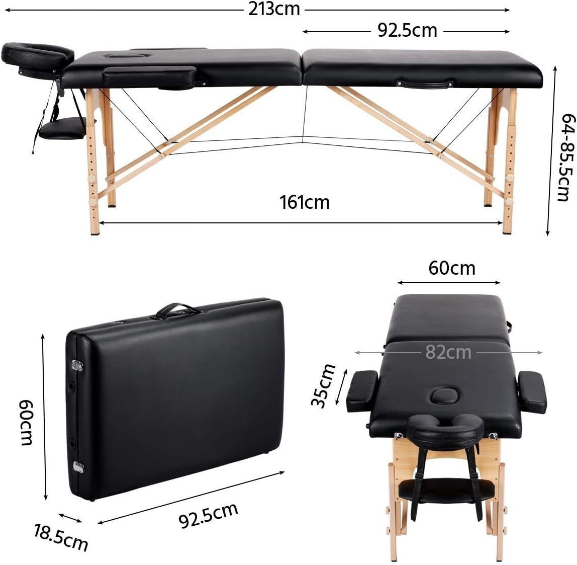 Portable Wood Massage Table Folding 2-Section Beauty Lash Bed Black 60cm Width
