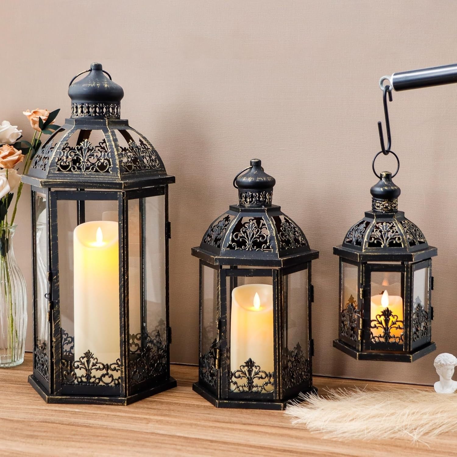 3-Pack Vintage Black Gold Metal Candle Lanterns