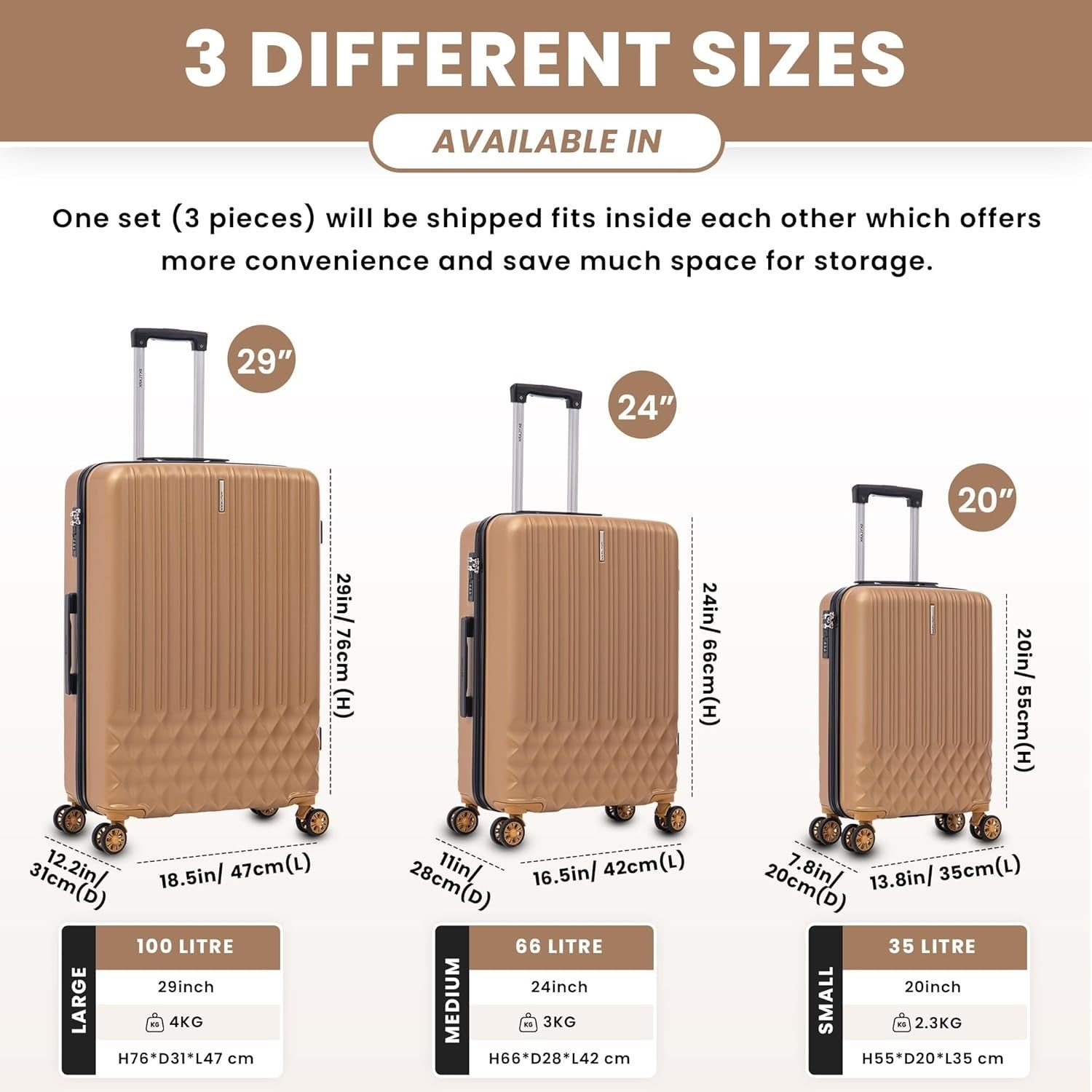 24 Inch Medium ABS Hard Suitcase Lightweight 4 Spinner Wheels 66L