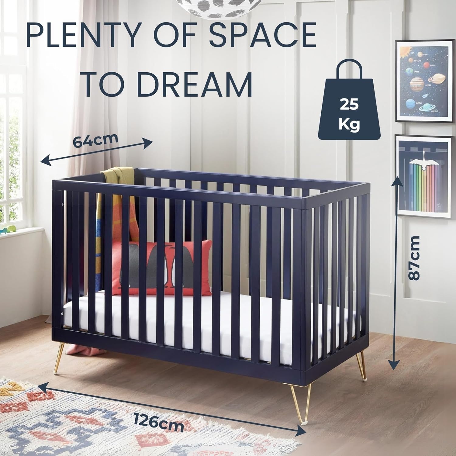 Baby Cot Bed Convertible Toddler Bed Adjustable Height Modern Design Midnight