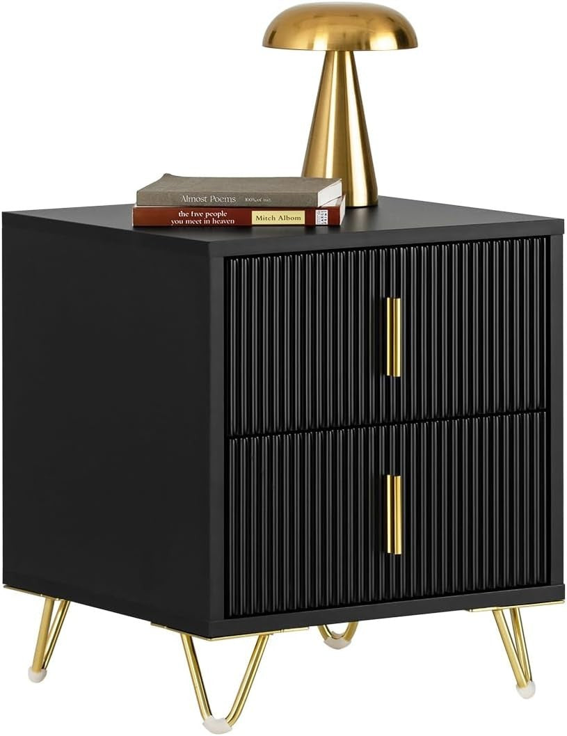 Black Bedside Table with 2 Drawers & Gold Legs – Modern Nightstand