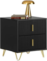 Black Bedside Table with 2 Drawers & Gold Legs – Modern Nightstand