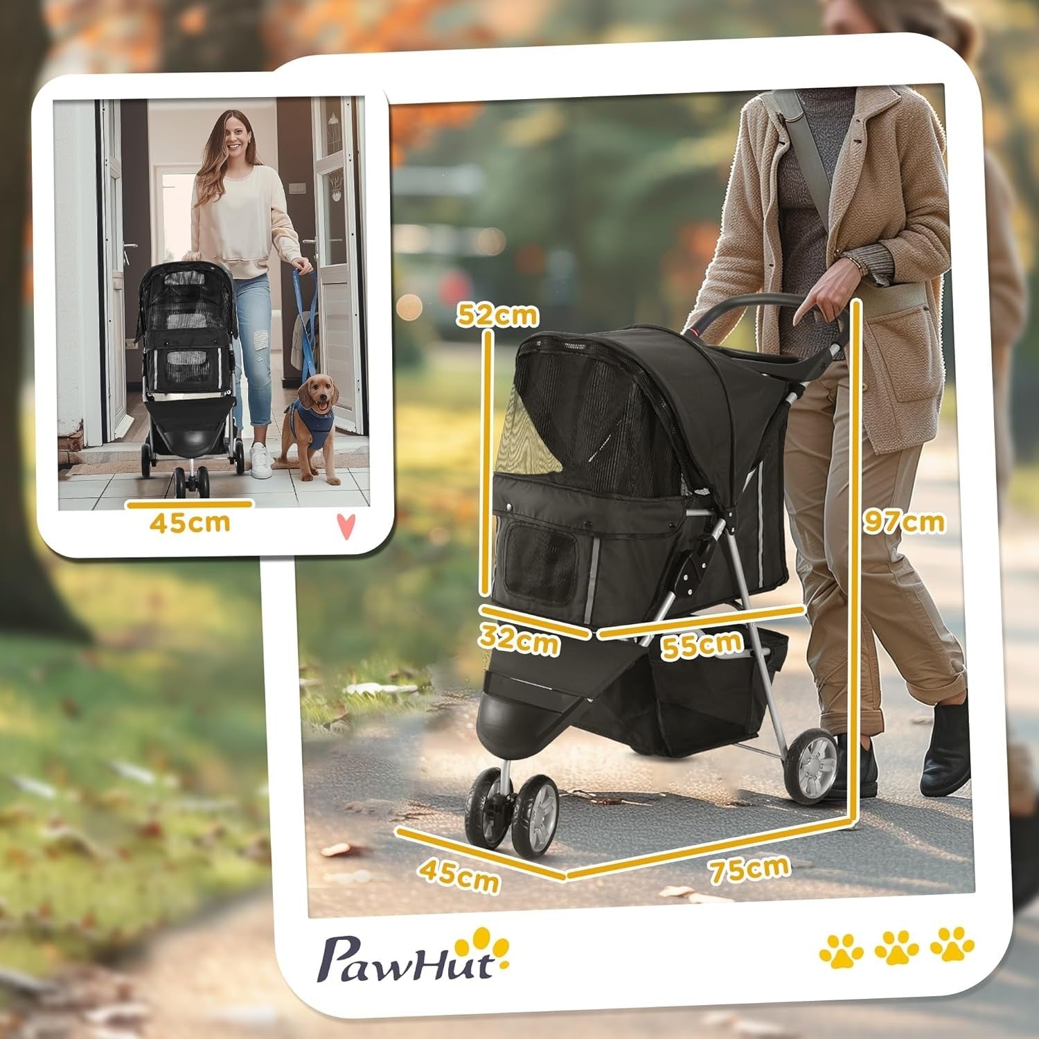 Pet Travel Stroller 3-Wheel Dog Cat Pushchair Carrier Black Foldable
