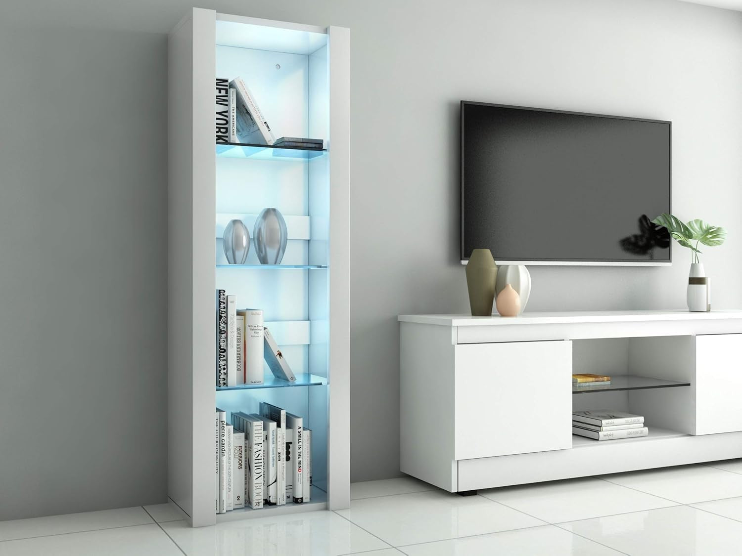 Tall LED Display Cabinet with Glass Shelves Modern High Gloss Storage Unit