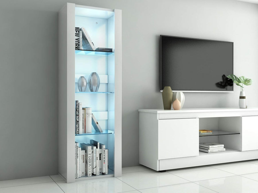 Tall LED Display Cabinet with Glass Shelves Modern High Gloss Storage Unit