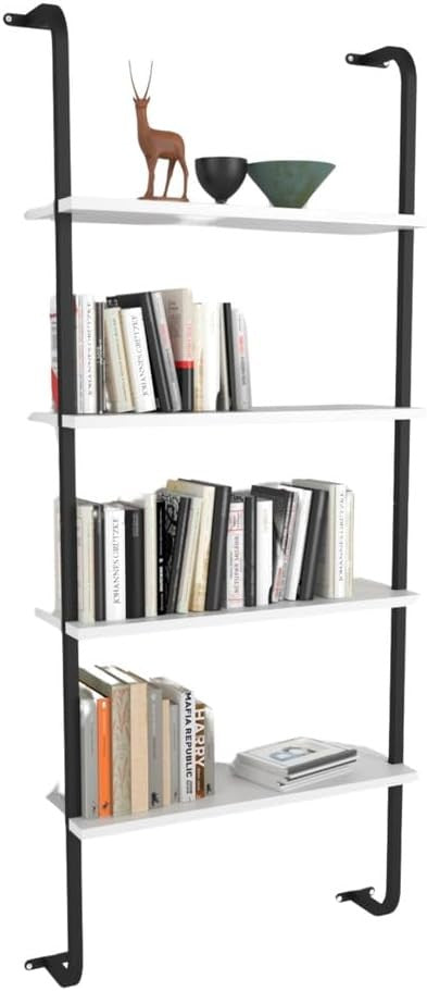 Modern Wall Mounted 4-Shelf Bookcase with Metal Frame – Space Saving Display