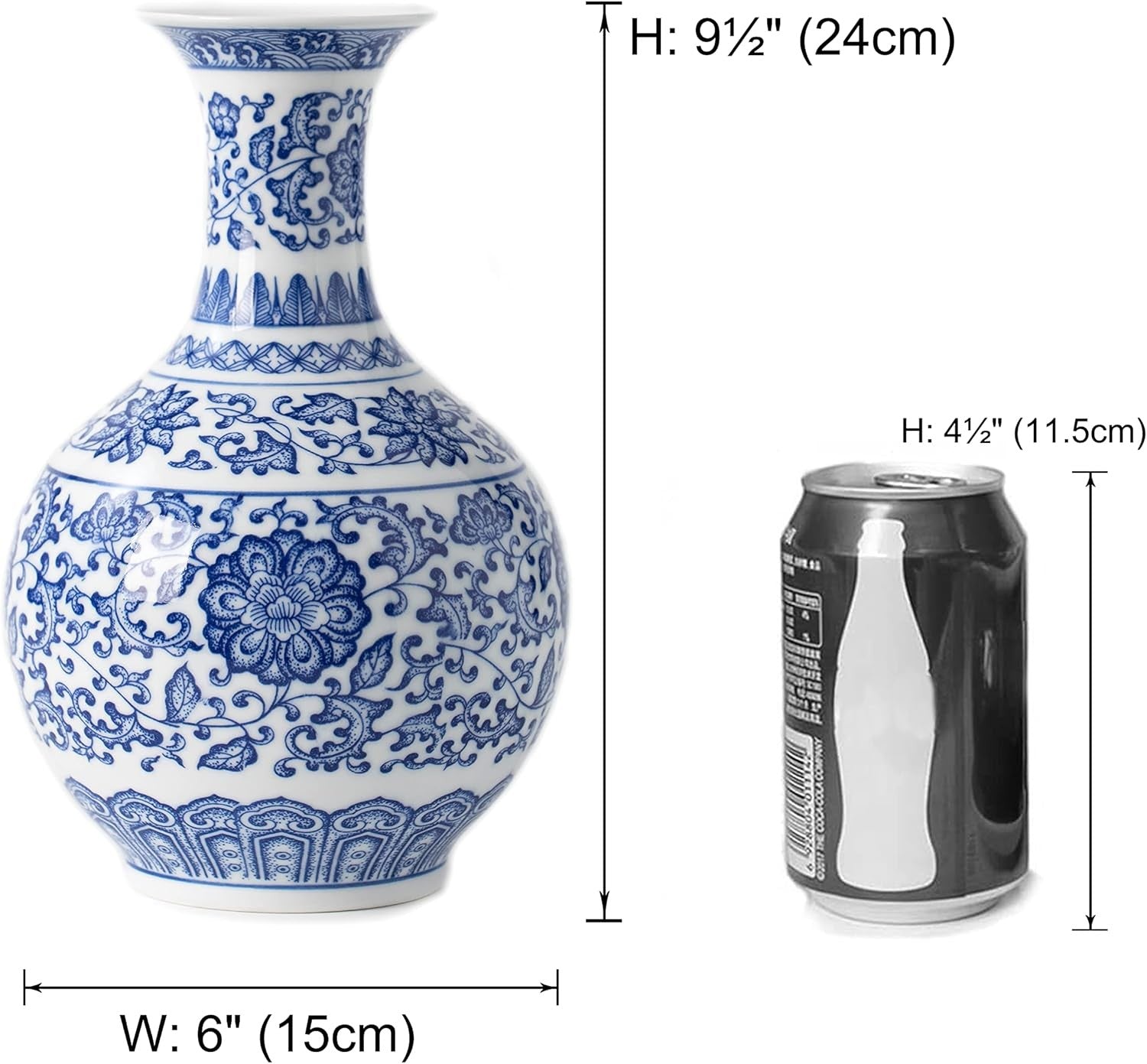 Blue White Chinoiserie Ceramic Vase 9.5in Glossy Floral Table Decor