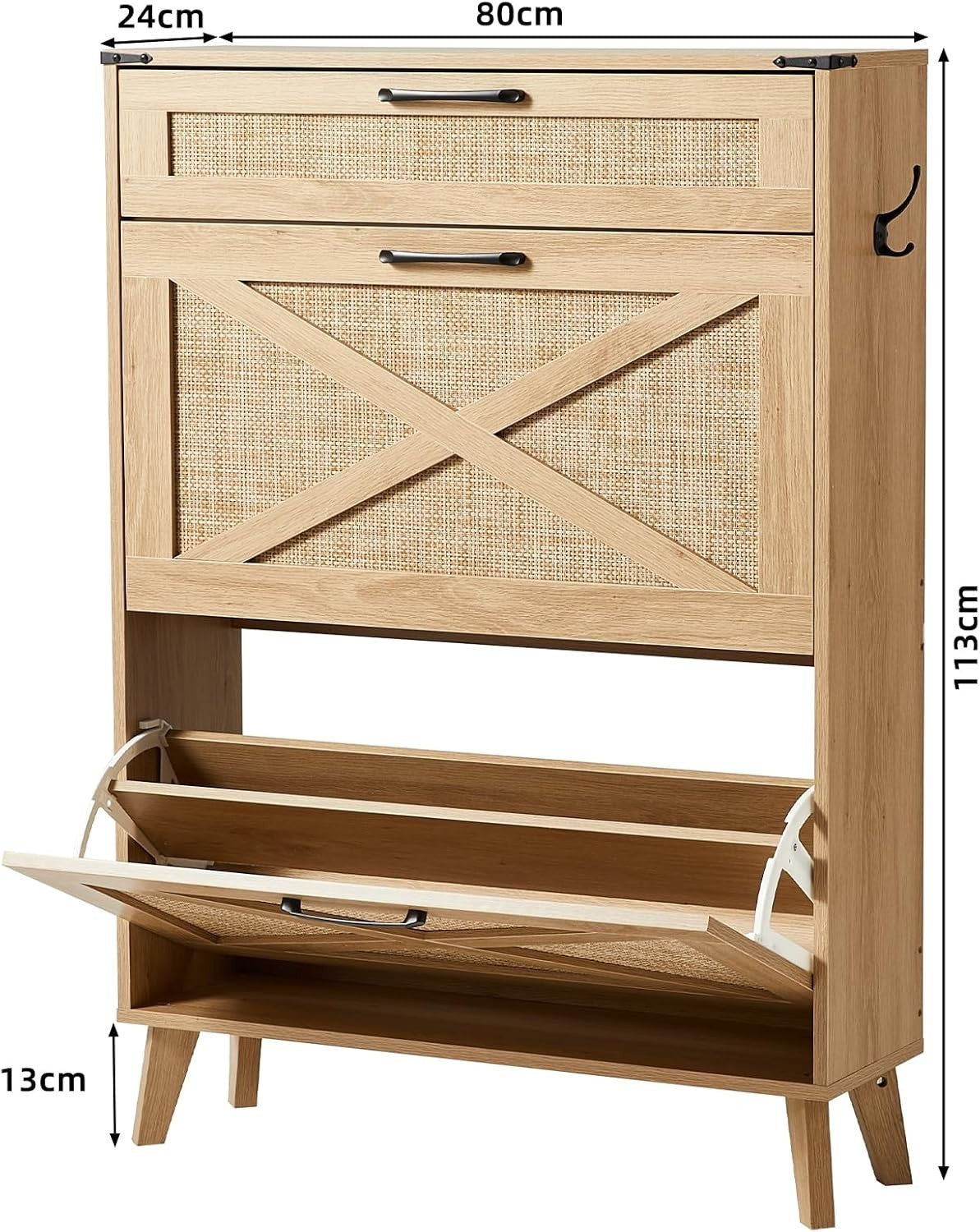 Slim Entryway Shoe Cabinet with Rattan Flip Drawers & Adjustable Shelves