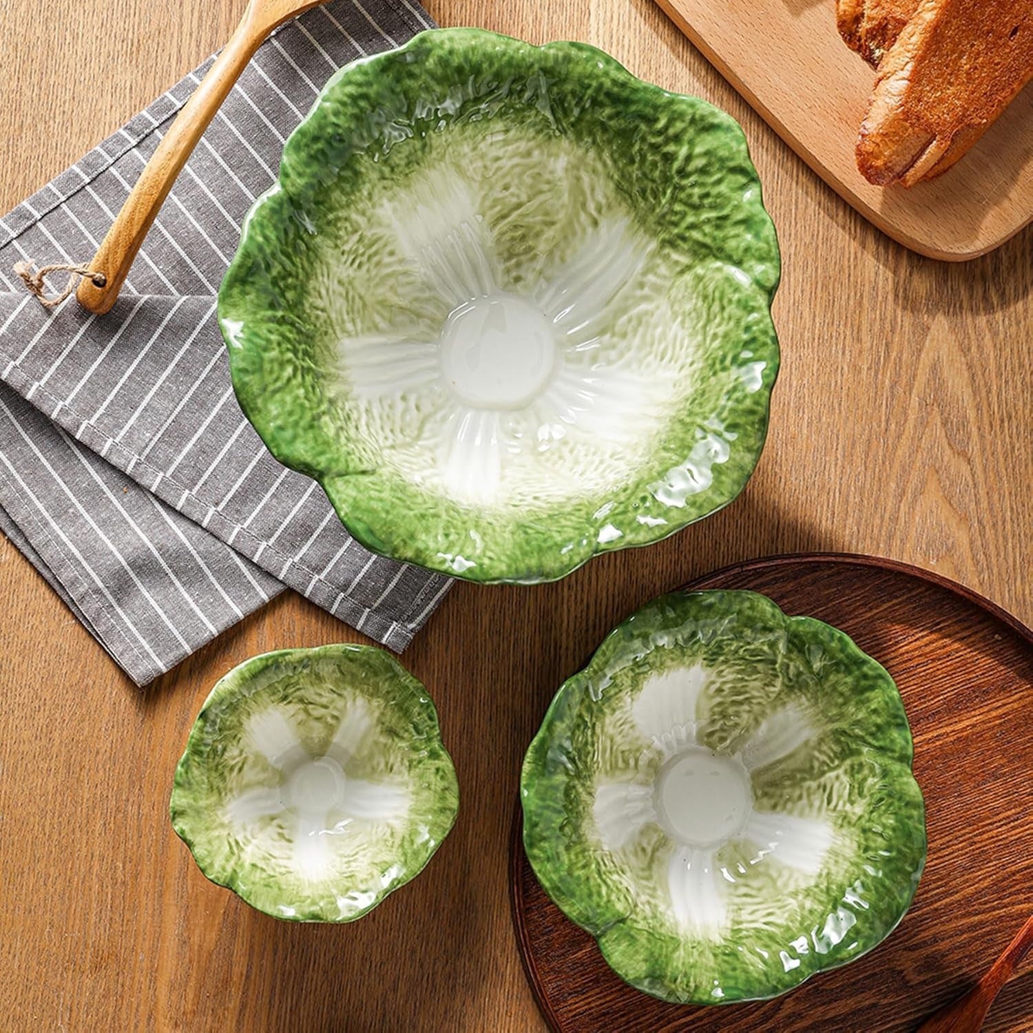 Green Ceramic Bok Choy Bowl Set 60oz 3-Piece Hand-Painted Kitchen
