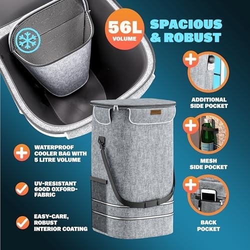 Foldable 3-in-1 Grey Shopping Trolley with Cooler Bag – 56L, 50kg Load