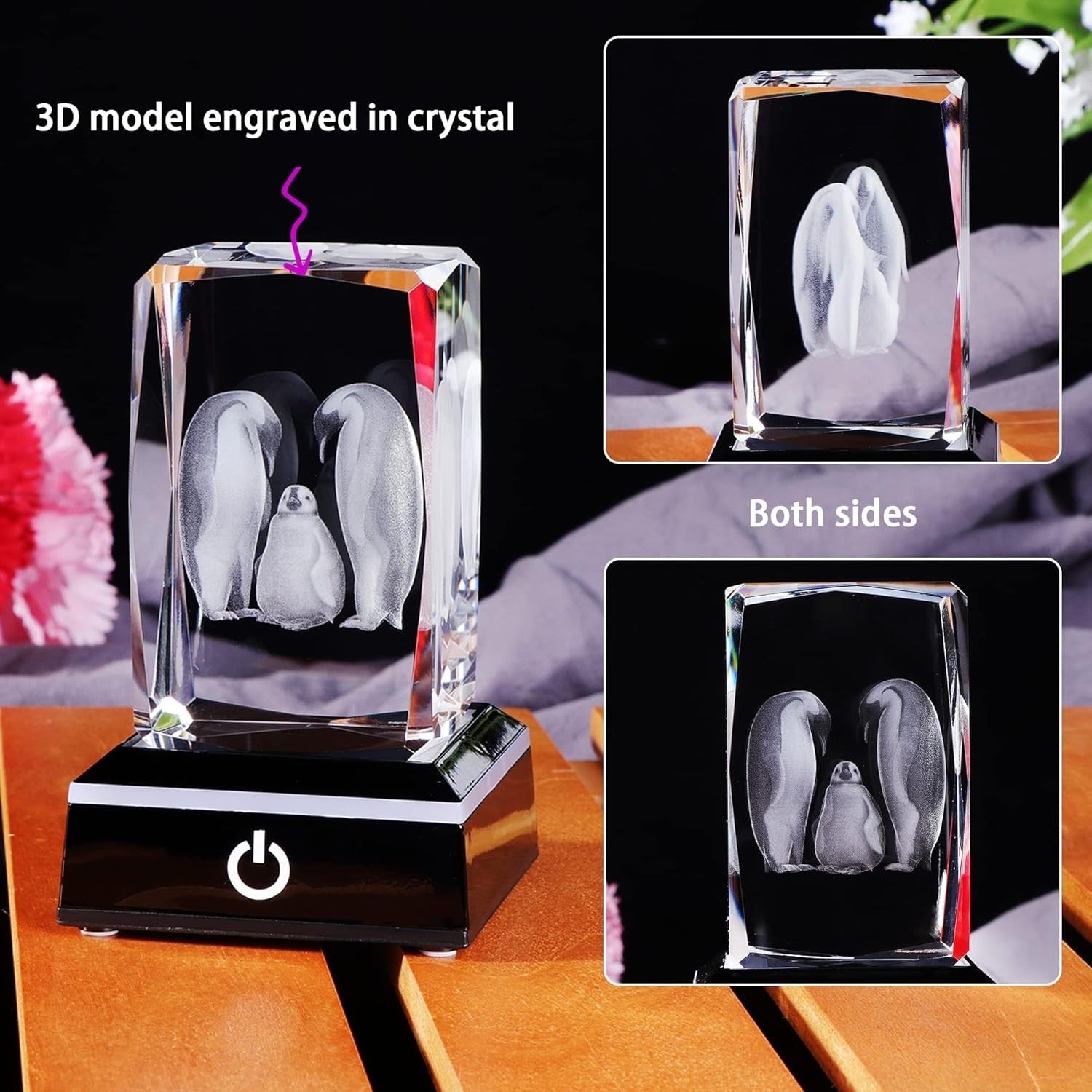 3D Crystal Penguin Family Figurine with LED Base • Glass Night Light Gift Decor
