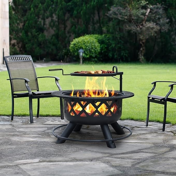 Large Outdoor Fire Pit with Swivel Cooking Grill 32in Steel Wood Burner