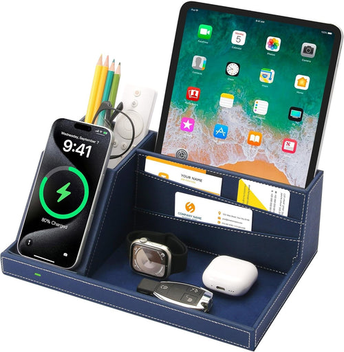 Desk Organizer with Wireless Charger, Bedside Tray, 5 Compartments