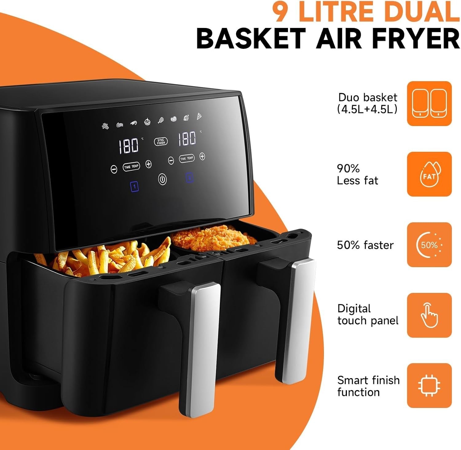 9L Dual Air Fryer | 8 Presets | Touchscreen 1700W | Double Drawer 4.5L x2
