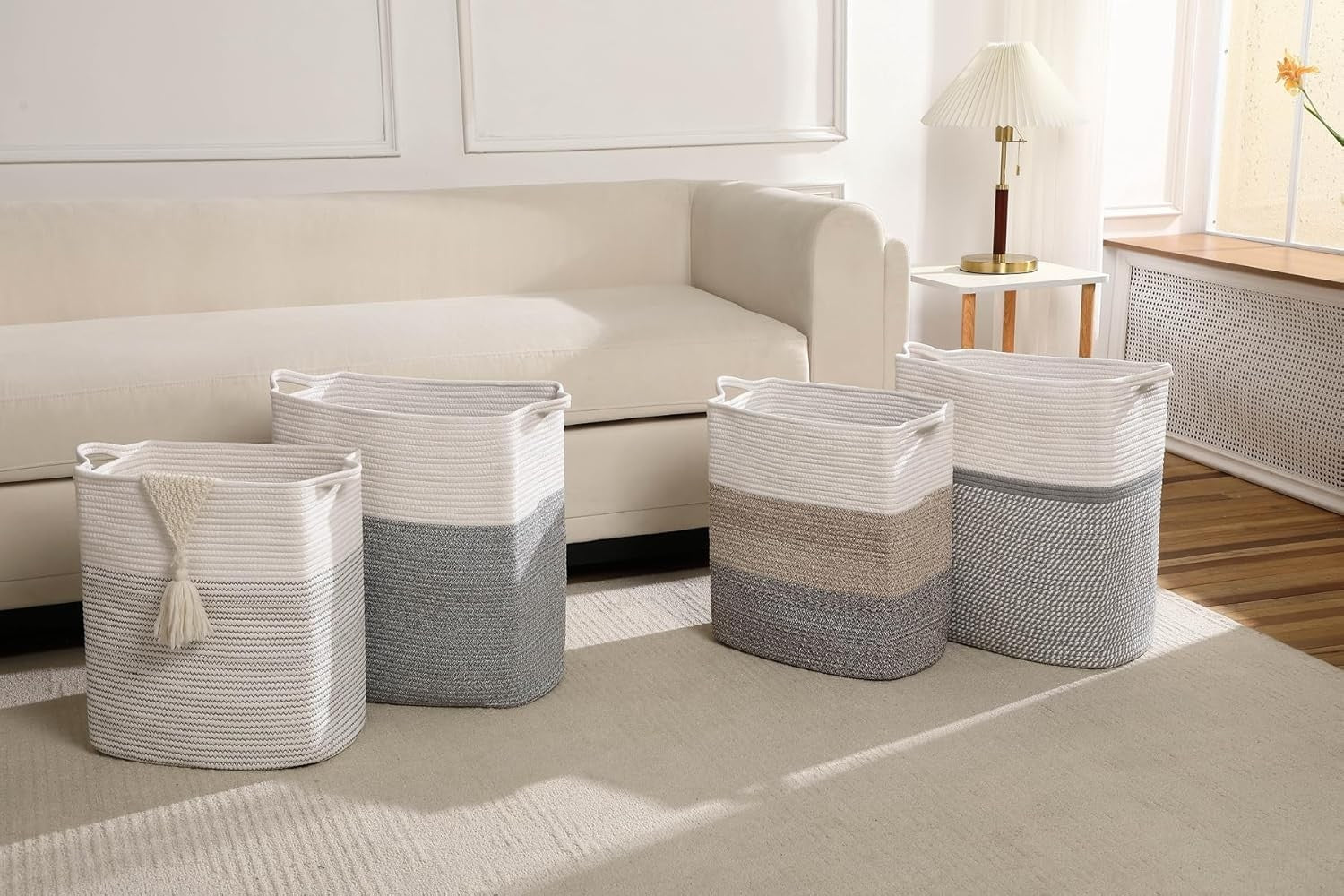 80L Tall Woven Cotton Laundry Basket with Handles Large Rope Hamper White