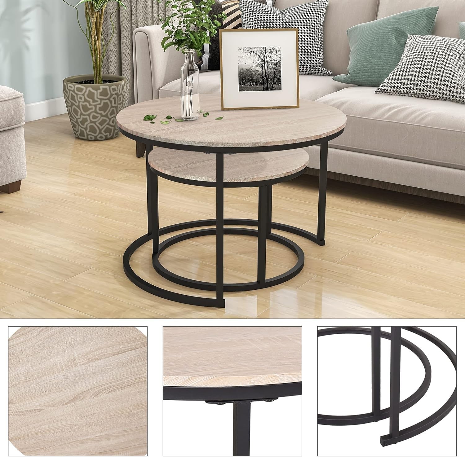 Round Nesting Coffee Table Set of 2 – Space-Saving Living Room Side Tables Oak