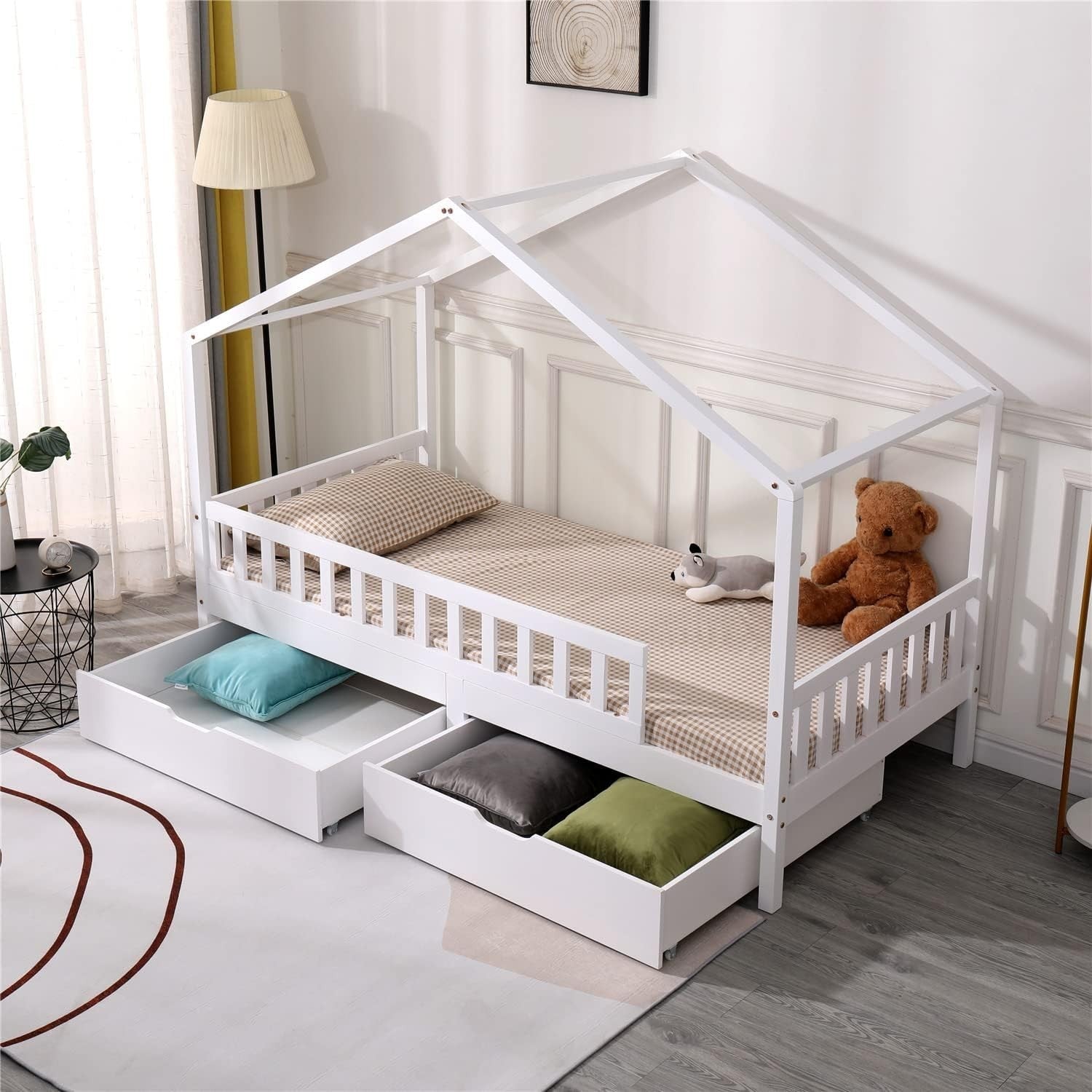 Solid Pine Kids House Bed with Guardrail & Storage Drawers, White, Single