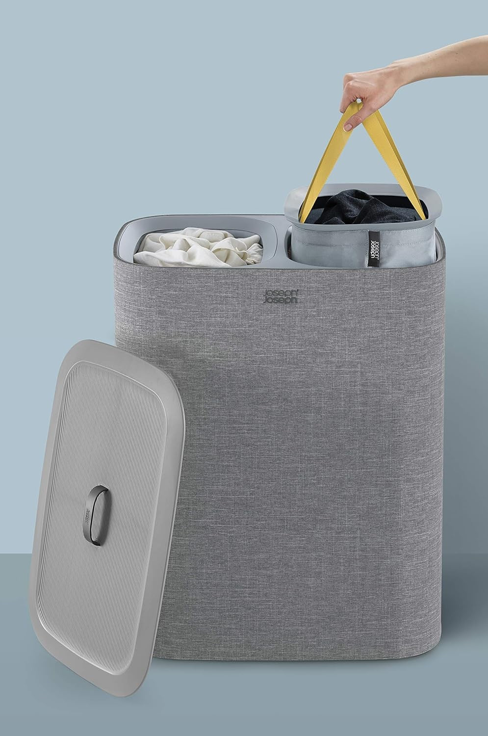 90L Dual Compartment Laundry Basket with Lid Removable Bags Grey Modern