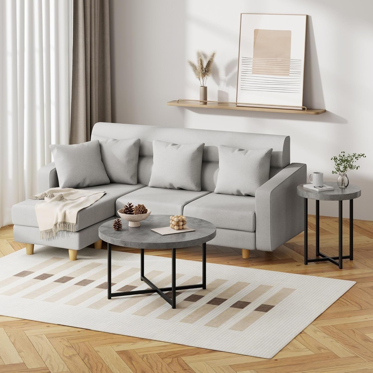 Round Grey Concrete Look Coffee Table 80cm Modern Metal Legs Lounge Table