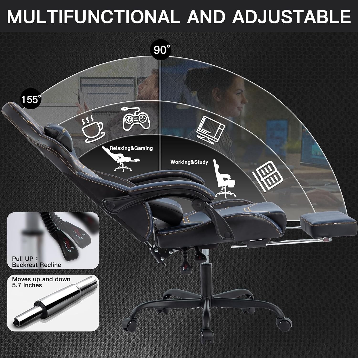 Ergonomic Gaming Chair with Footrest Lumbar Support Blue