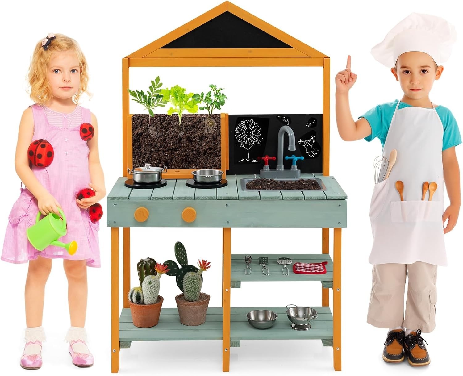 Outdoor Wooden Mud Kitchen Kids Playset Sink Chalkboard Planter Set