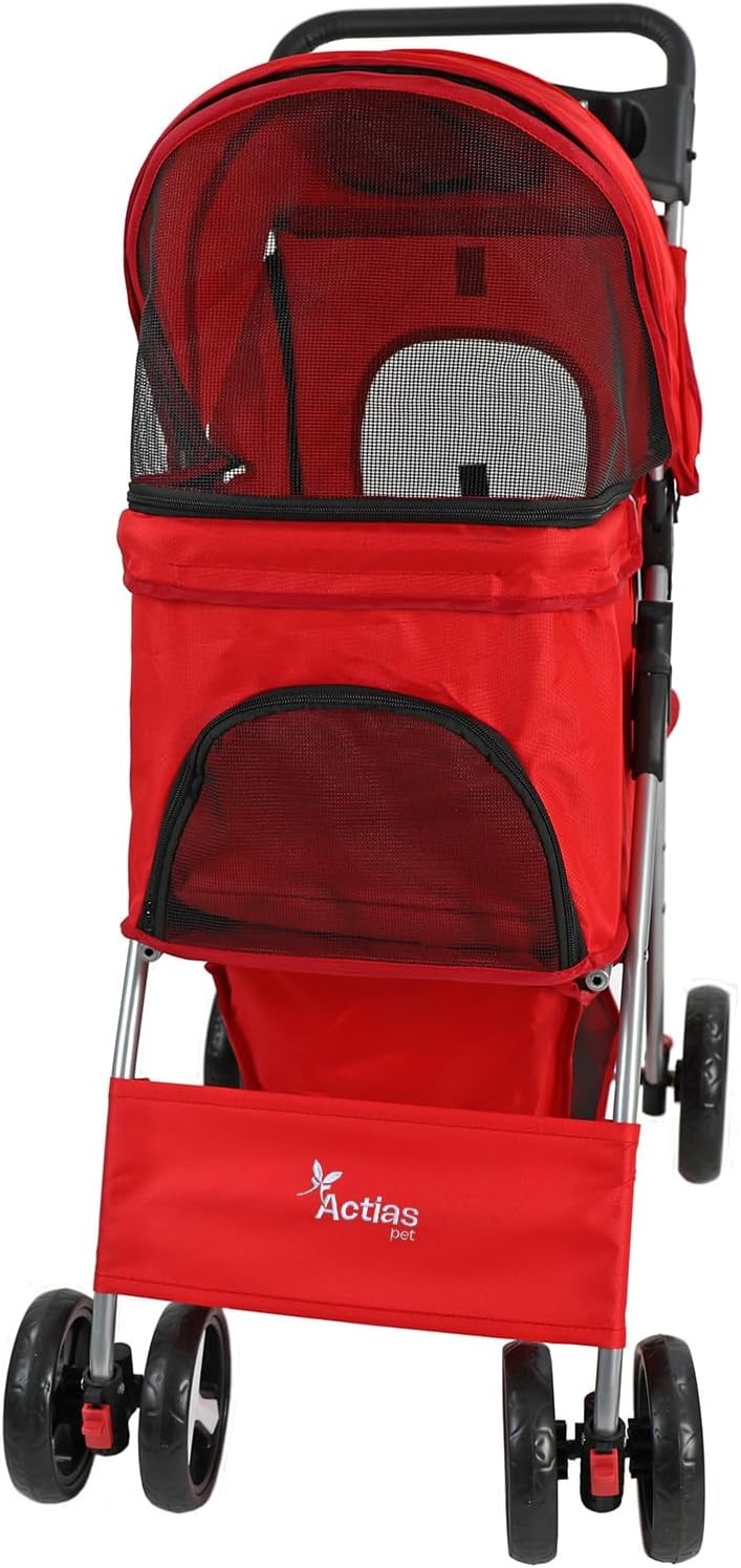 Pet Travel Stroller Dog Cat Pushchair Foldable Swivel Wheels 15kg Red