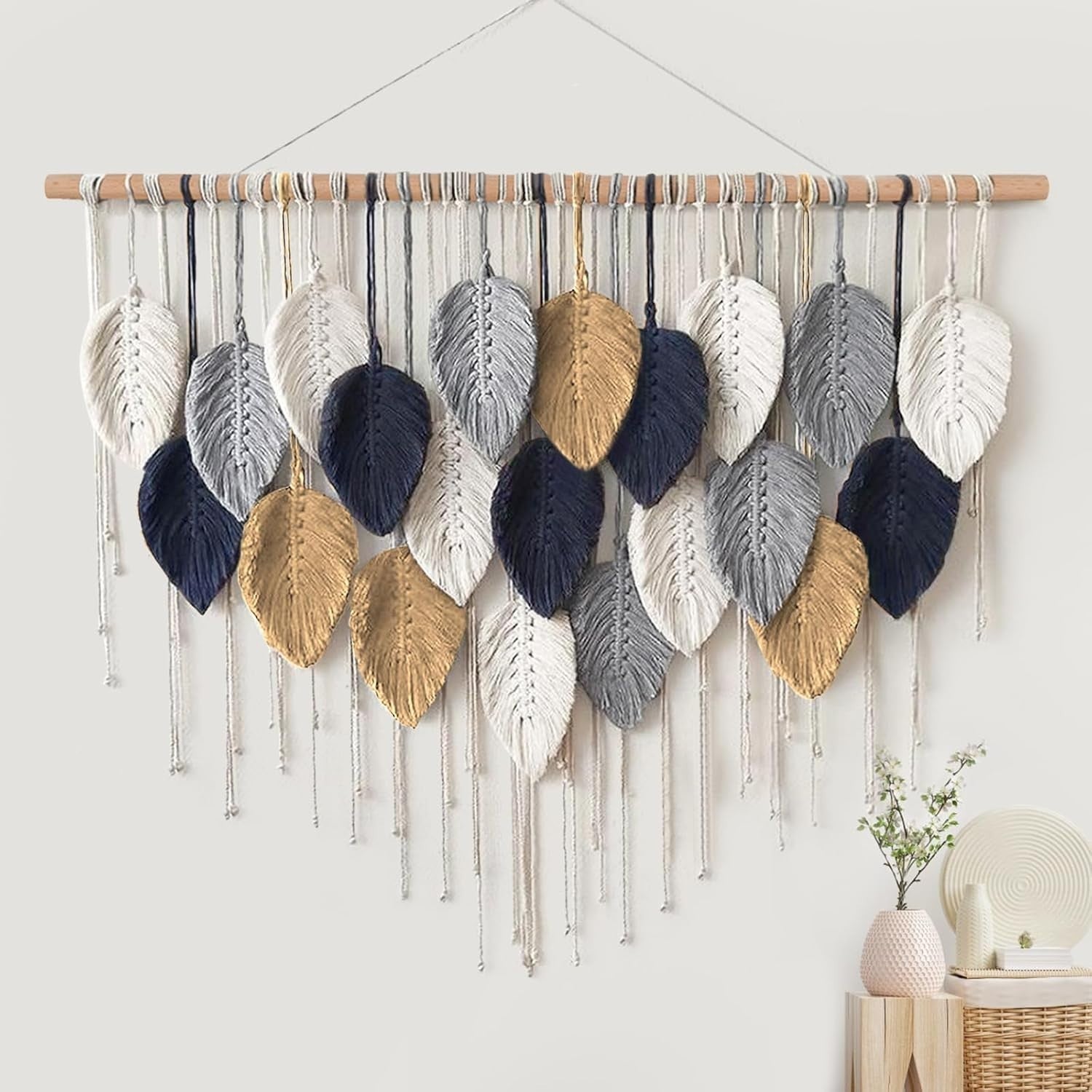 Large Boho Macrame Wall Hanging Leaf Woven Handmade Decor Beige