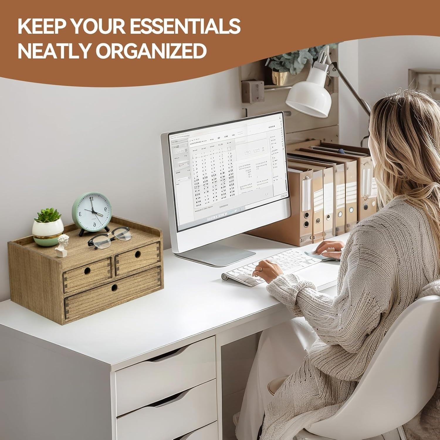 Wooden Desk Organizer with Drawers & Shelf | Home Office Storage Box
